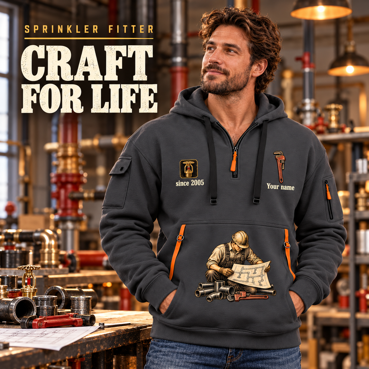 Sprinkler Fitter Craft For Life Quarter-Zip Hoodie in Gray, worn by an adult male model, preserving the current niche artwork, sample name and year, and hooded quarter-zip garment details.