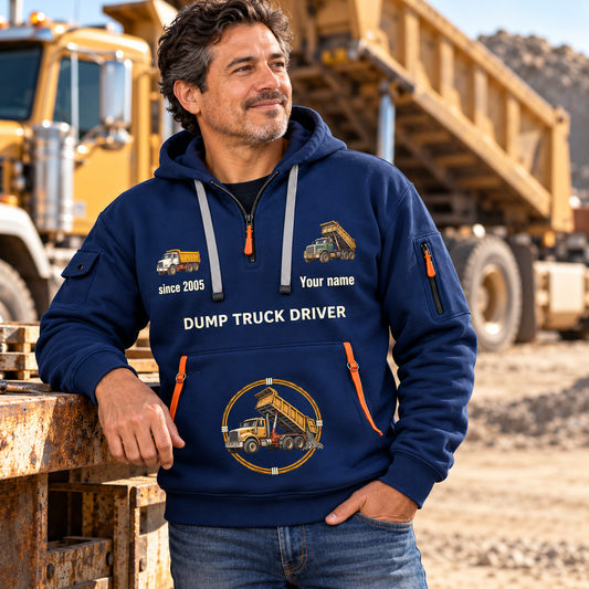 Dump Truck Driver Skills Stay With You Quarter-Zip Hoodie in Navy, worn by an adult male model, preserving the current niche artwork, sample name and year, and hooded quarter-zip garment details.