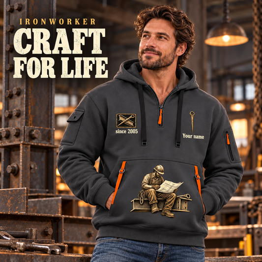 Ironworker Craft For Life Quarter-Zip Hoodie in Gray, worn by an adult male model, preserving the current niche artwork, sample name and year, and hooded quarter-zip garment details.