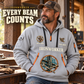 Ironworker Every Beam Counts Quarter-Zip Hoodie in Light Grey, worn by an adult male model, preserving the current niche artwork, sample name and year, and hooded quarter-zip garment details.