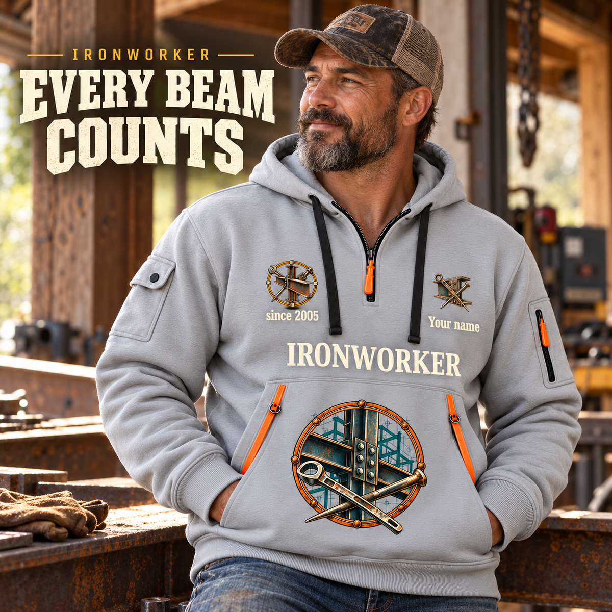 Ironworker Every Beam Counts Quarter-Zip Hoodie in Light Grey, worn by an adult male model, preserving the current niche artwork, sample name and year, and hooded quarter-zip garment details.