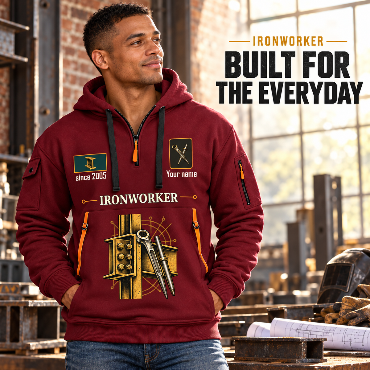 Ironworker Built For The Everyday Quarter-Zip Hoodie in Wine Red, worn by an adult male model, preserving the current niche artwork, sample name and year, and hooded quarter-zip garment details.