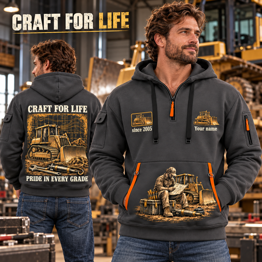 Bulldozer Operator Craft for Life Quarter Zip Hoodie in Gray, worn by an adult male model, preserving the current niche artwork, sample name and year, and hooded quarter-zip garment details.