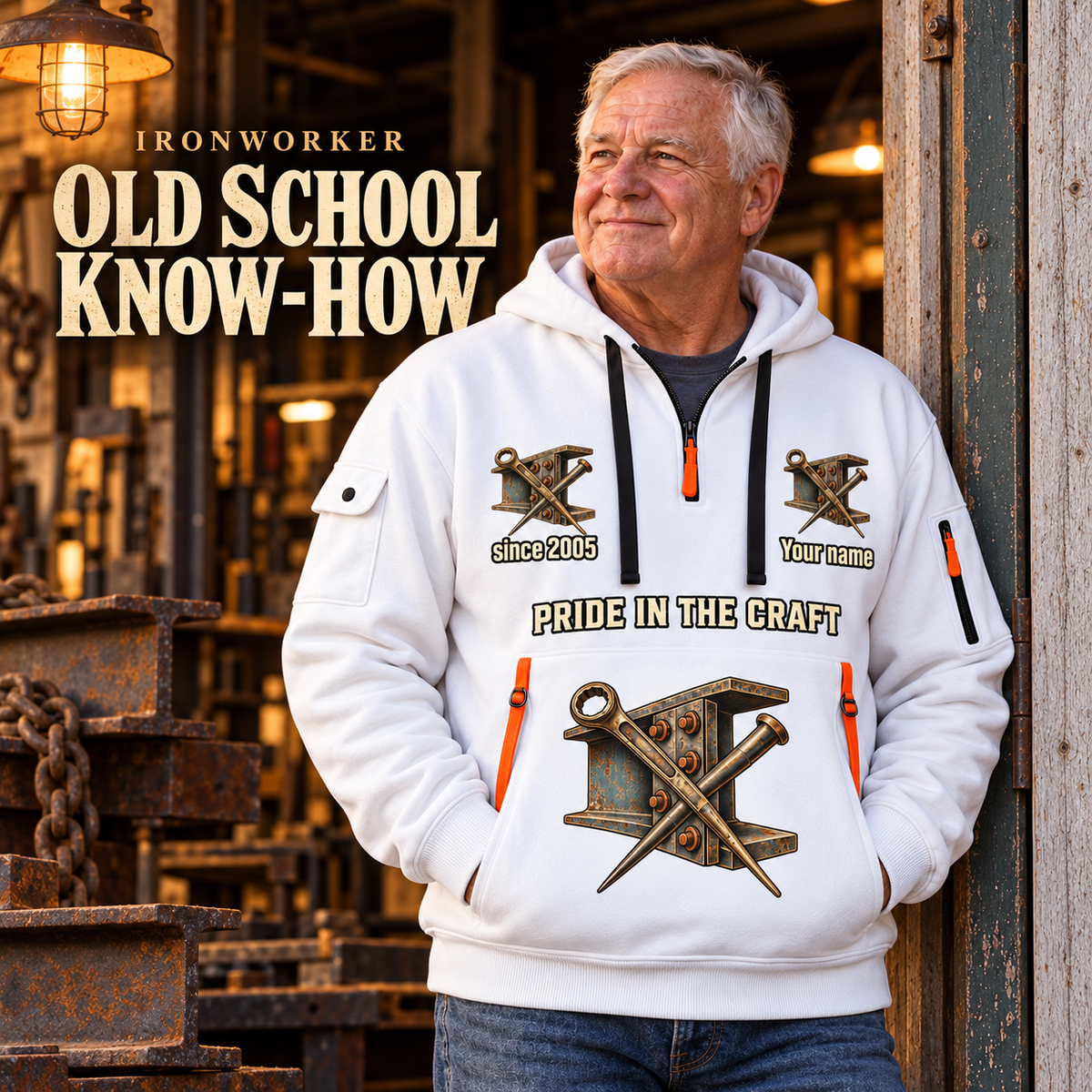Ironworker Old School Know-How Quarter-Zip Hoodie in White, worn by an adult male model, preserving the current niche artwork, sample name and year, and hooded quarter-zip garment details.