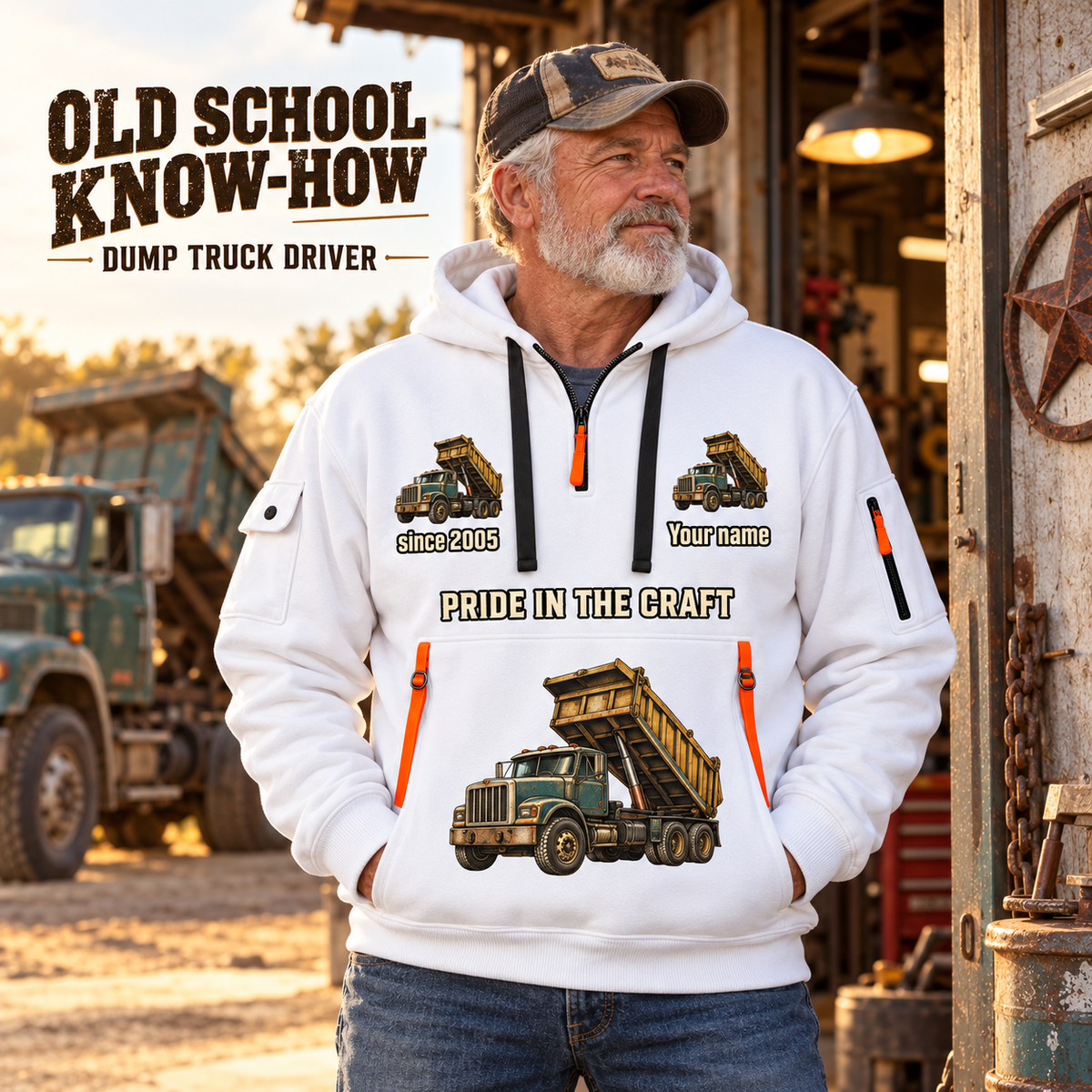Dump Truck Driver Old School Know-How Quarter-Zip Hoodie in White, worn by an adult male model, preserving the current niche artwork, sample name and year, and hooded quarter-zip garment details.
