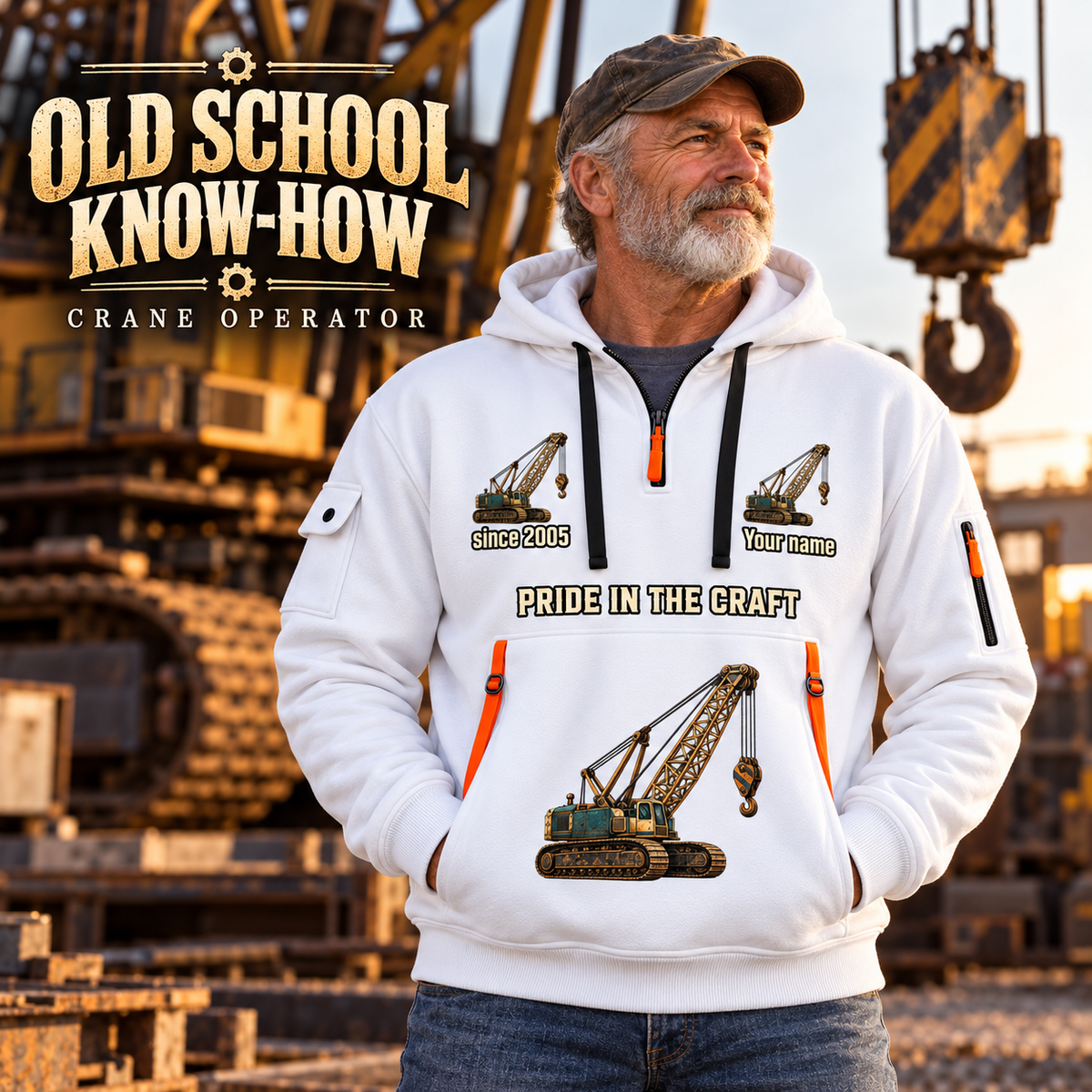 Crane Operator Old School Know-How Quarter-Zip Hoodie in White, worn by an adult male model, preserving the current niche artwork, sample name and year, and hooded quarter-zip garment details.