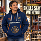 Ironworker Skills Stay With You Quarter-Zip Hoodie in Navy, worn by an adult male model, preserving the current niche artwork, sample name and year, and hooded quarter-zip garment details.