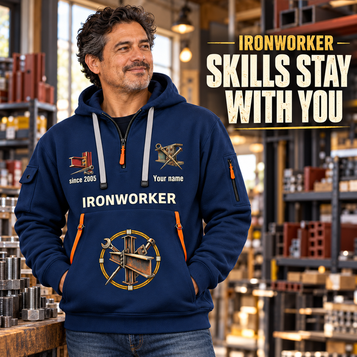 Ironworker Skills Stay With You Quarter-Zip Hoodie in Navy, worn by an adult male model, preserving the current niche artwork, sample name and year, and hooded quarter-zip garment details.