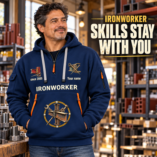 Ironworker Skills Stay With You Quarter-Zip Hoodie in Navy, worn by an adult male model, preserving the current niche artwork, sample name and year, and hooded quarter-zip garment details.