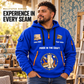 Wallpaper Hanger Hands That Power Quarter-Zip Hoodie in Blue, worn by an adult male model, preserving the current niche artwork, sample name and year, and hooded quarter-zip garment details.