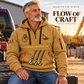 Crane Operator Flow of Craft Quarter-Zip Hoodie in Khaki, worn by an adult male model, preserving the current niche artwork, sample name and year, and hooded quarter-zip garment details.