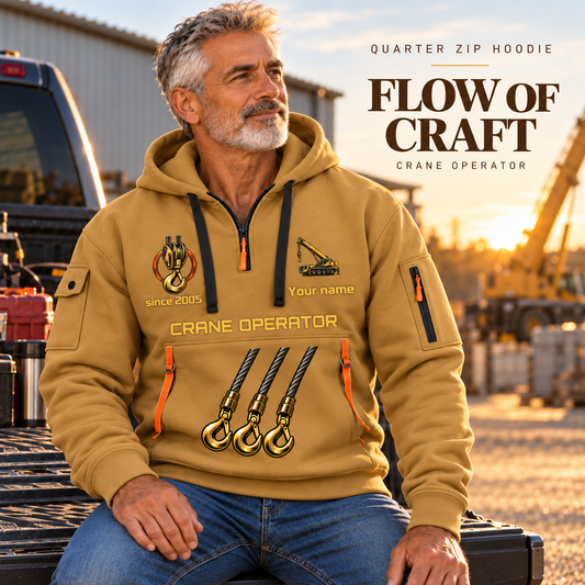 Crane Operator Flow of Craft Quarter-Zip Hoodie in Khaki, worn by an adult male model, preserving the current niche artwork, sample name and year, and hooded quarter-zip garment details.