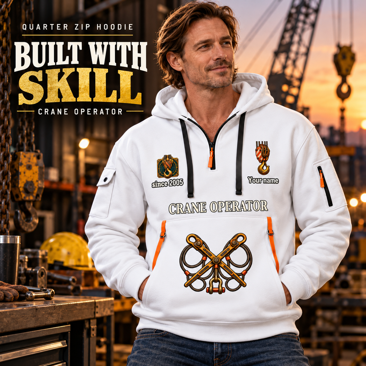 Crane Operator Built With Skill Quarter-Zip Hoodie in White, worn by an adult male model, preserving the current niche artwork, sample name and year, and hooded quarter-zip garment details.