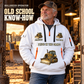 Bulldozer Operator Old School Know-How Quarter-Zip Hoodie in White, worn by an adult male model, preserving the current niche artwork, sample name and year, and hooded quarter-zip garment details.