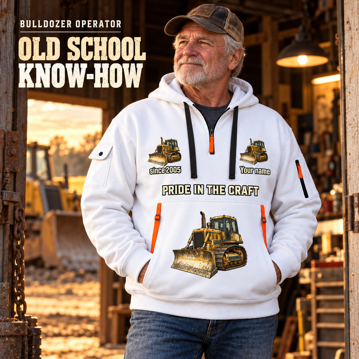 Bulldozer Operator Old School Know-How Quarter-Zip Hoodie in White, worn by an adult male model, preserving the current niche artwork, sample name and year, and hooded quarter-zip garment details.