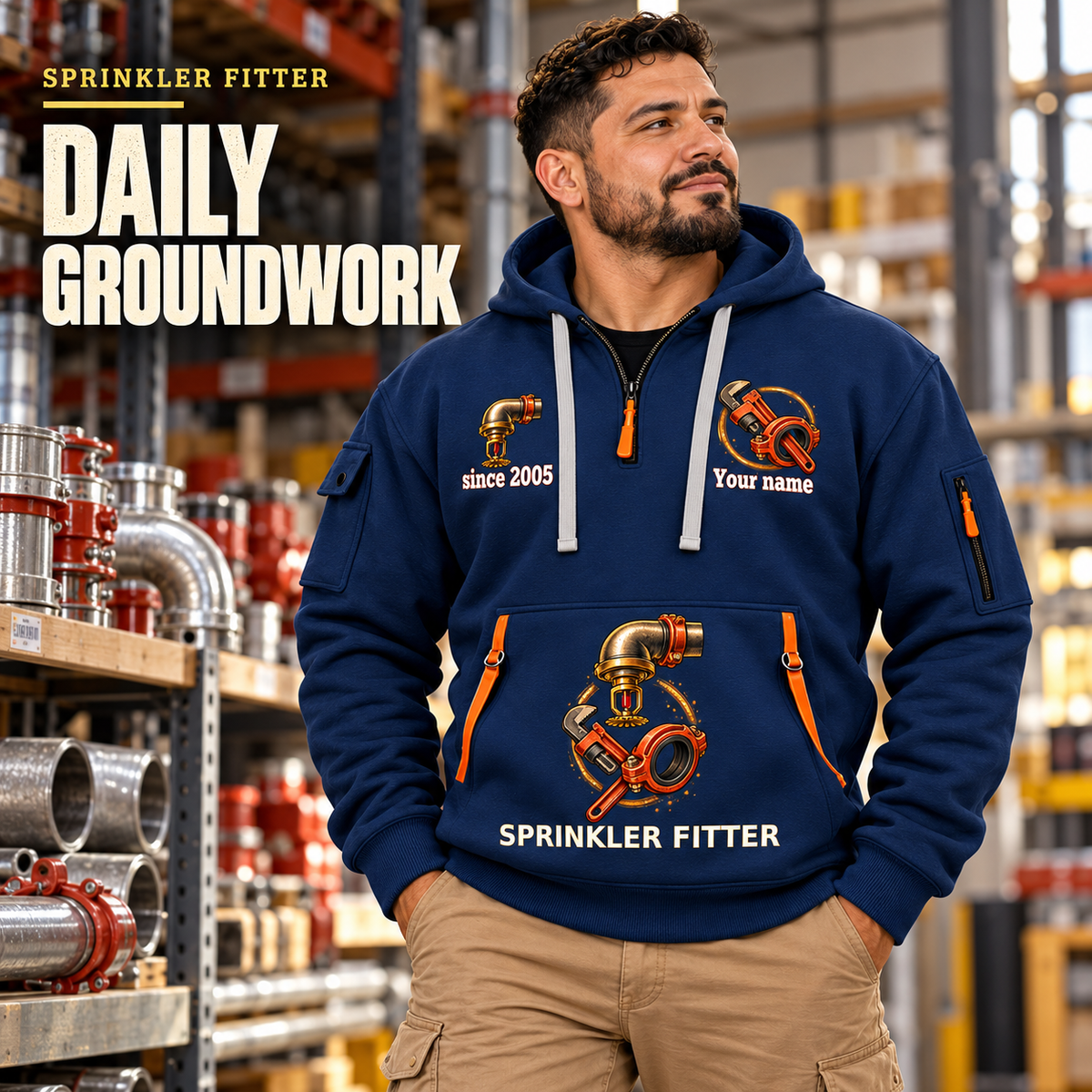 Sprinkler Fitter Daily Groundwork Quarter-Zip Hoodie in Navy, worn by an adult male model, preserving the current niche artwork, sample name and year, and hooded quarter-zip garment details.