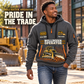 Bulldozer Operator Pride in the Trade Quarter-Zip Hoodie in Gray, worn by an adult male model, preserving the current niche artwork, sample name and year, and hooded quarter-zip garment details.