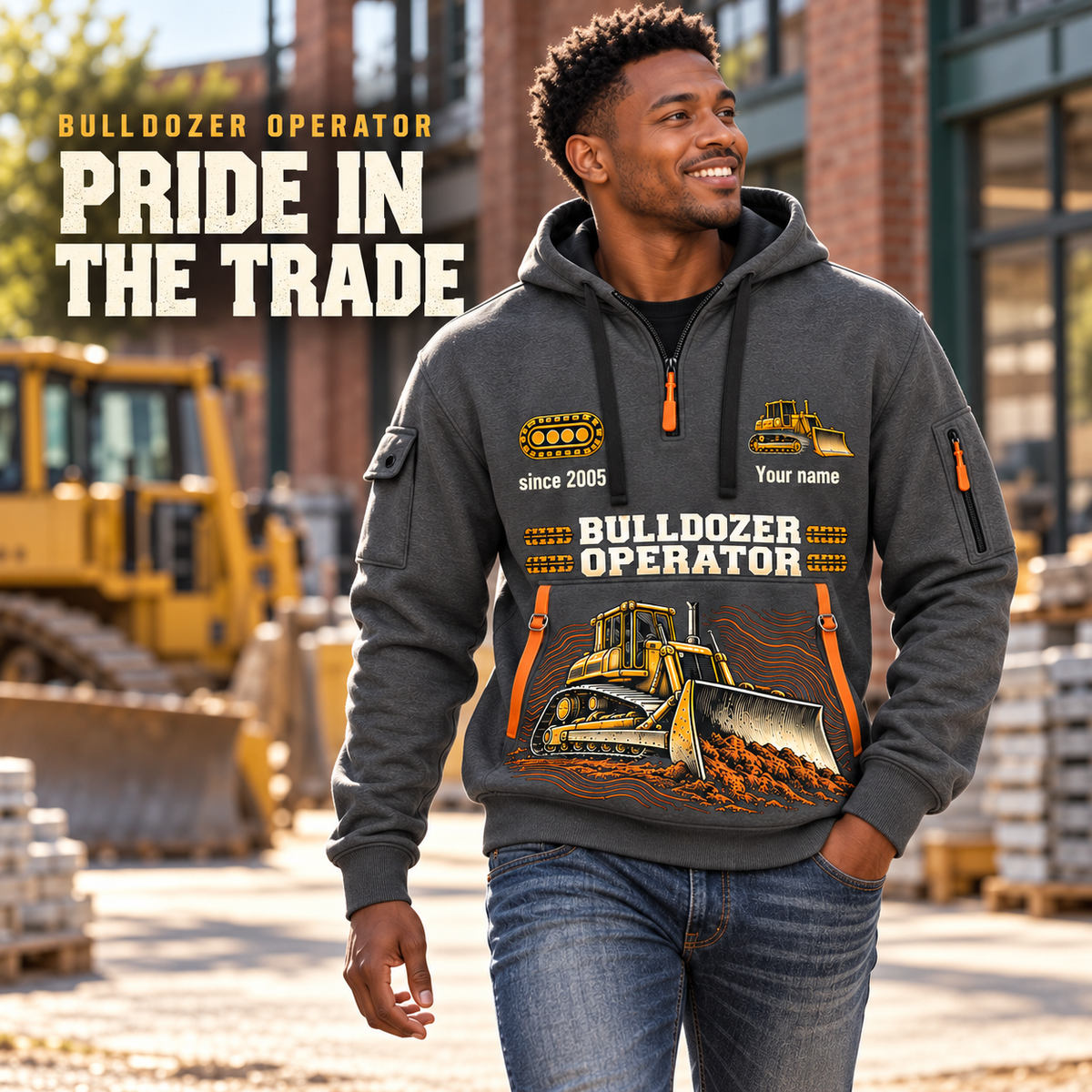 Bulldozer Operator Pride in the Trade Quarter-Zip Hoodie in Gray, worn by an adult male model, preserving the current niche artwork, sample name and year, and hooded quarter-zip garment details.