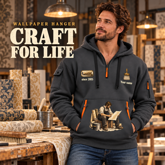Wallpaper Hanger Craft For Life Quarter-Zip Hoodie in Gray, worn by an adult male model, preserving the current niche artwork, sample name and year, and hooded quarter-zip garment details.