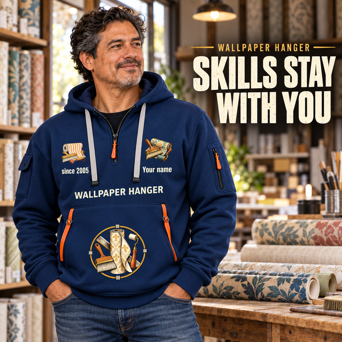 Wallpaper Hanger Skills Stay With You Quarter-Zip Hoodie in Navy, worn by an adult male model, preserving the current niche artwork, sample name and year, and hooded quarter-zip garment details.