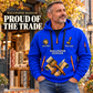 Wallpaper Hanger Proud of the Trade Quarter-Zip Hoodie in Blue, worn by an adult male model, preserving the current niche artwork, sample name and year, and hooded quarter-zip garment details.