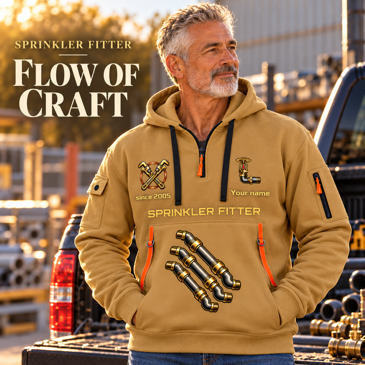 Sprinkler Fitter Flow of Craft Quarter-Zip Hoodie in Khaki, worn by an adult male model, preserving the current niche artwork, sample name and year, and hooded quarter-zip garment details.