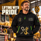 Crane Operator Lifting with Pride Quarter-Zip Hoodie in Black, worn by an adult male model, preserving the current niche artwork, sample name and year, and hooded quarter-zip garment details.