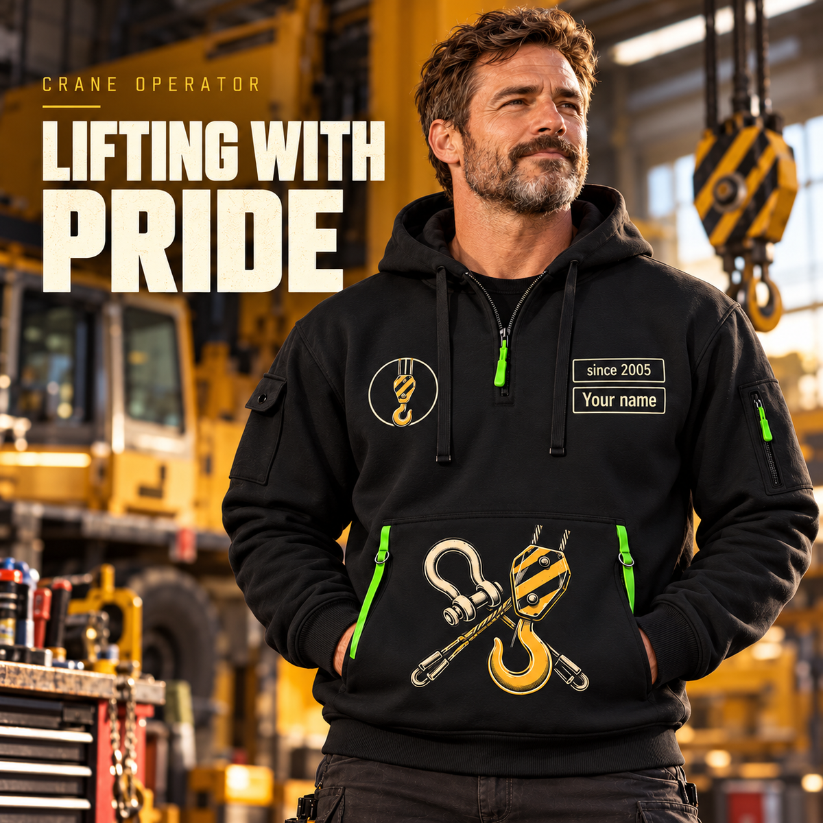 Crane Operator Lifting with Pride Quarter-Zip Hoodie in Black, worn by an adult male model, preserving the current niche artwork, sample name and year, and hooded quarter-zip garment details.