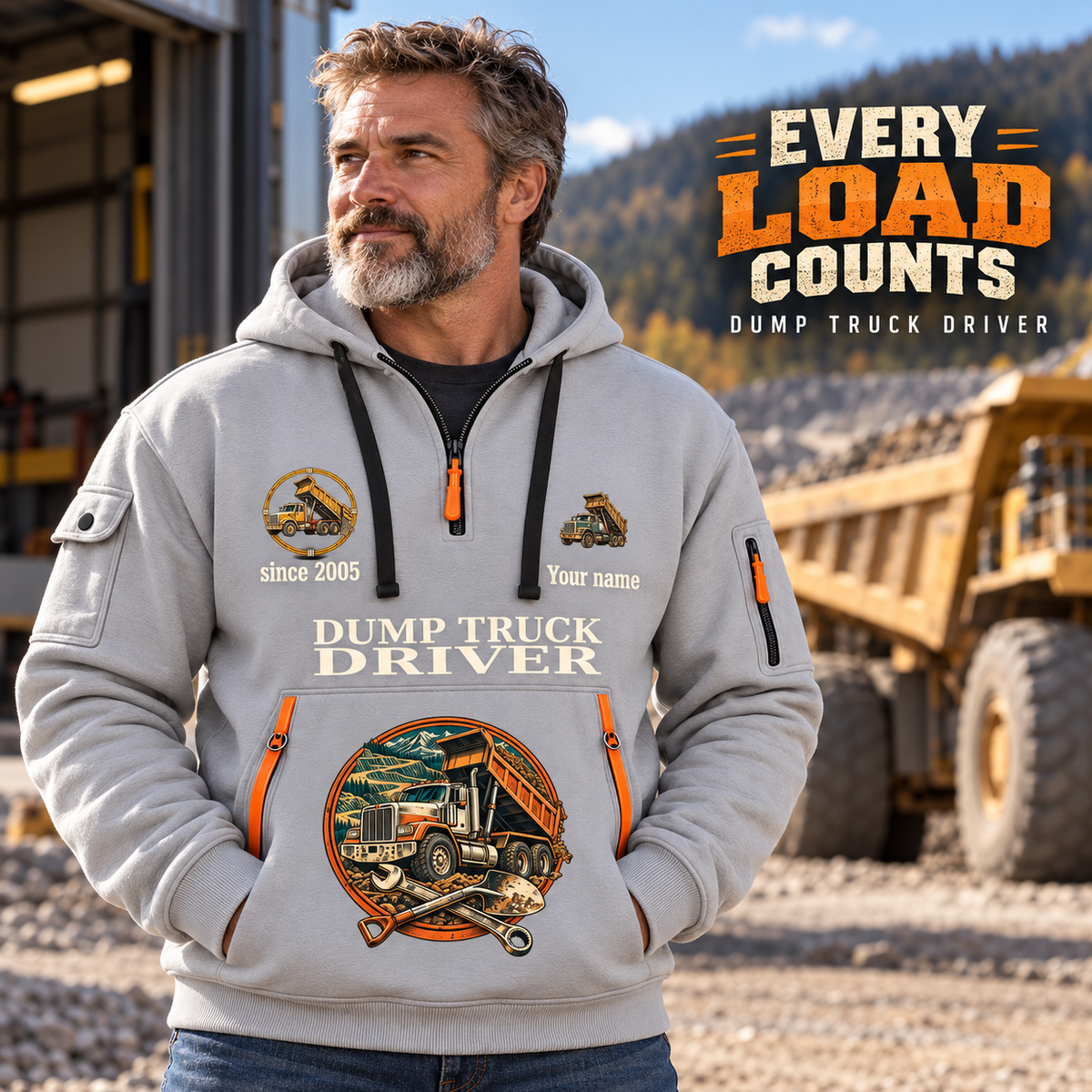 Dump Truck Driver Every Load Counts Quarter-Zip Hoodie in Light Grey, worn by an adult male model, preserving the current niche artwork, sample name and year, and hooded quarter-zip garment details.
