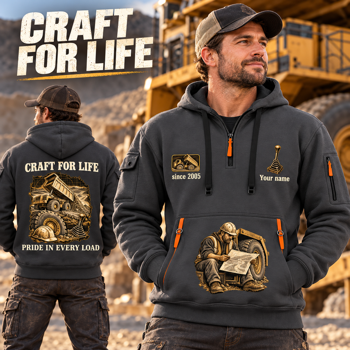 Dump Truck Driver Craft For Life Quarter-Zip Hoodie in Gray, worn by an adult male model, preserving the current niche artwork, sample name and year, and hooded quarter-zip garment details.