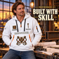 Ironworker Built With Skill Quarter-Zip Hoodie in White, worn by an adult male model, preserving the current niche artwork, sample name and year, and hooded quarter-zip garment details.