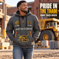 Dump Truck Driver Pride in the Trade Quarter-Zip Hoodie in Gray, worn by an adult male model, preserving the current niche artwork, sample name and year, and hooded quarter-zip garment details.