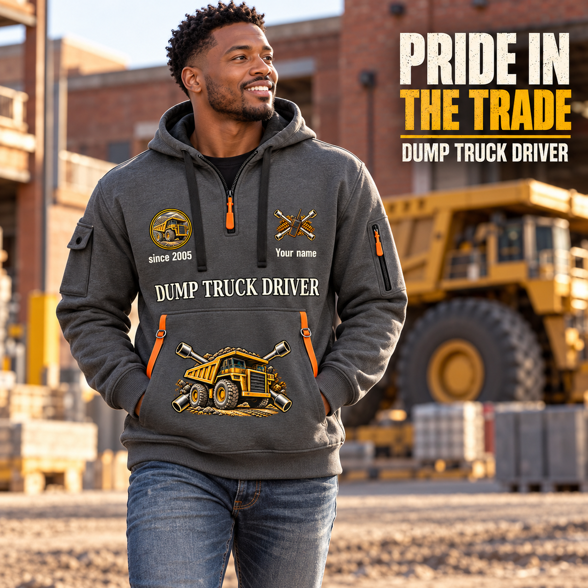 Dump Truck Driver Pride in the Trade Quarter-Zip Hoodie in Gray, worn by an adult male model, preserving the current niche artwork, sample name and year, and hooded quarter-zip garment details.