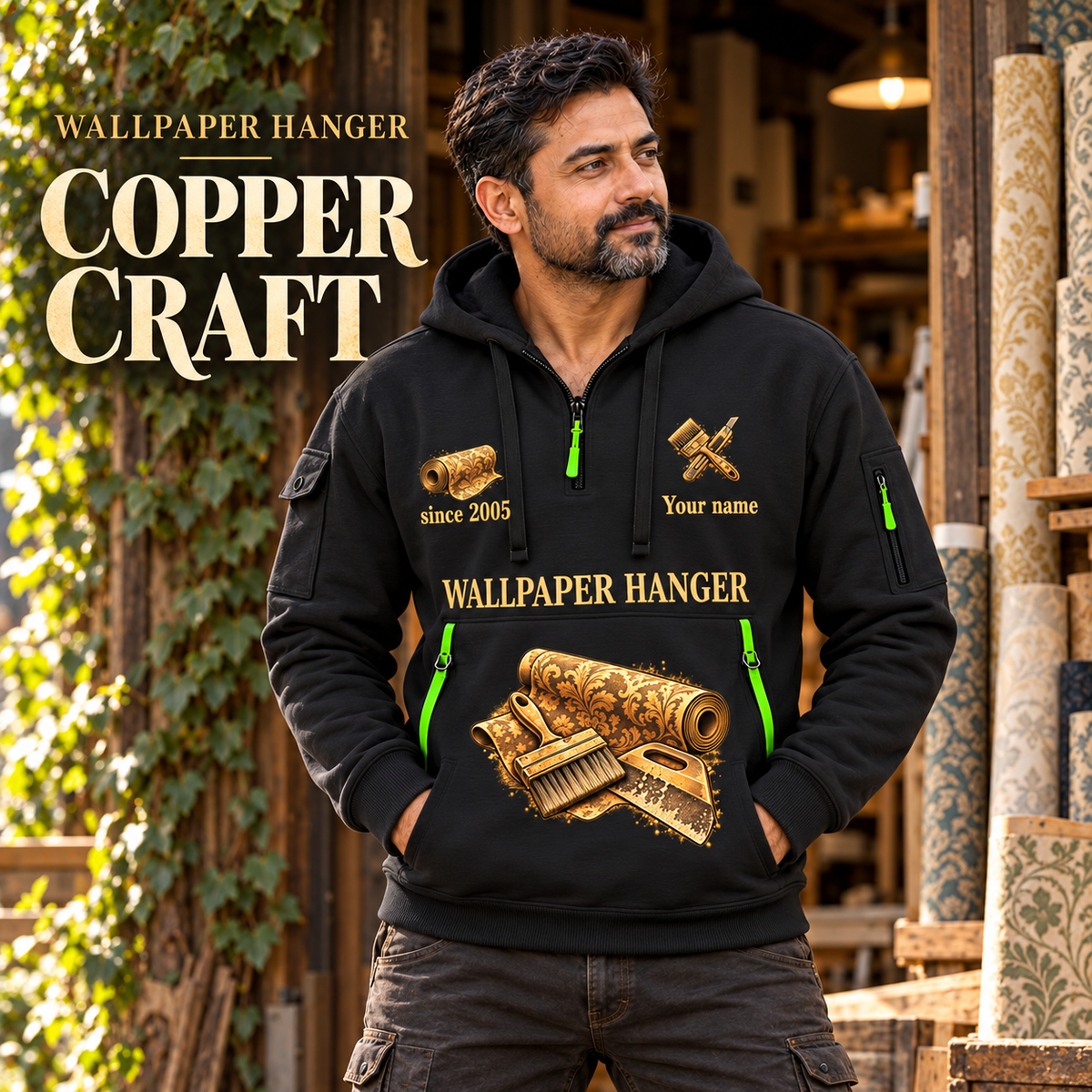 Wallpaper Hanger Copper Craft Quarter-Zip Hoodie in Black, worn by an adult male model, preserving the current niche artwork, sample name and year, and hooded quarter-zip garment details.