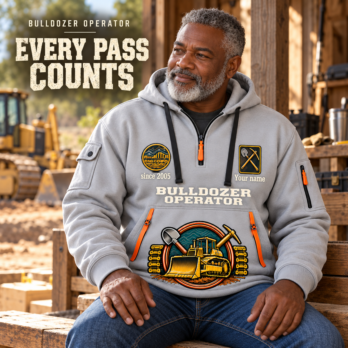 Bulldozer Operator Every Pass Counts Quarter Zip Hoodie in Light Grey, worn by an adult male model, preserving the current niche artwork, sample name and year, and hooded quarter-zip garment details.