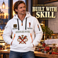 Sprinkler Fitter Built With Skill Quarter-Zip Hoodie in White, worn by an adult male model, preserving the current niche artwork, sample name and year, and hooded quarter-zip garment details.