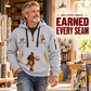 Wallpaper Hanger Earned Every Seam Quarter-Zip Hoodie in Light Grey, worn by an adult male model, preserving the current niche artwork, sample name and year, and hooded quarter-zip garment details.