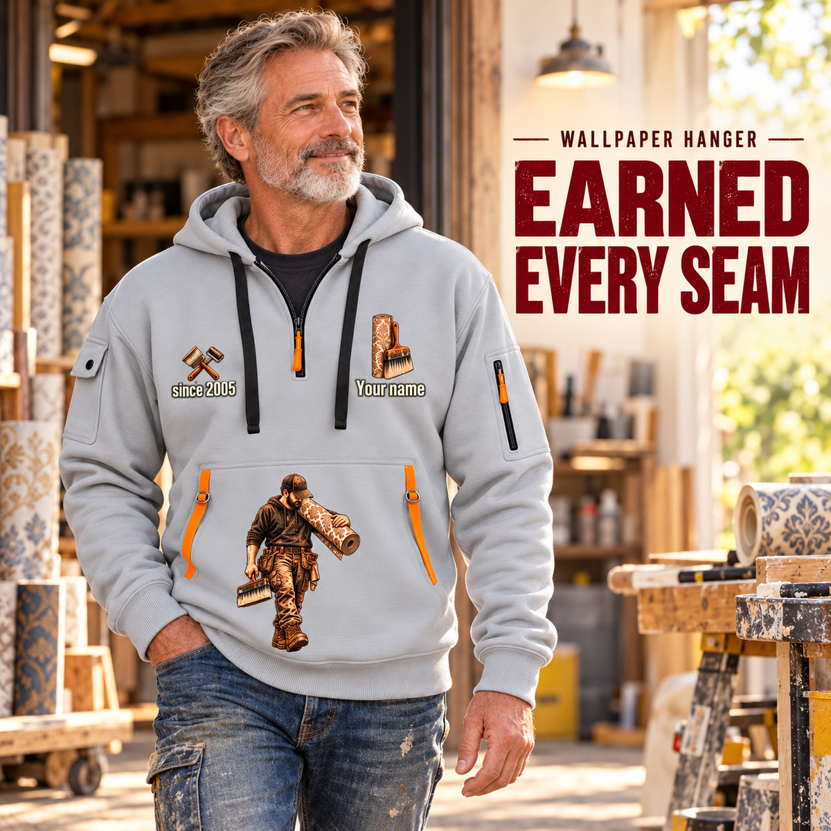 Wallpaper Hanger Earned Every Seam Quarter-Zip Hoodie in Light Grey, worn by an adult male model, preserving the current niche artwork, sample name and year, and hooded quarter-zip garment details.