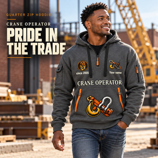 Crane Operator Pride in the Trade Quarter-Zip Hoodie in Gray, worn by an adult male model, preserving the current niche artwork, sample name and year, and hooded quarter-zip garment details.