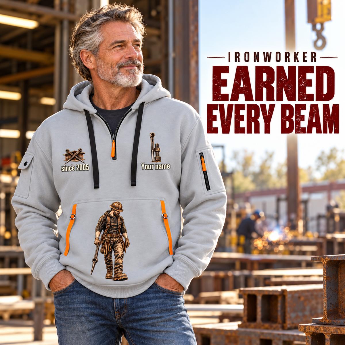 Ironworker Earned Every Beam Quarter-Zip Hoodie in Light Grey, worn by an adult male model, preserving the current niche artwork, sample name and year, and hooded quarter-zip garment details.