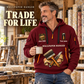 Wallpaper Hanger Trade For Life Quarter-Zip Hoodie in Wine Red, worn by an adult male model, preserving the current niche artwork, sample name and year, and hooded quarter-zip garment details.