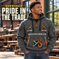 Ironworker Pride in the Trade Quarter-Zip Hoodie in Gray, worn by an adult male model, preserving the current niche artwork, sample name and year, and hooded quarter-zip garment details.