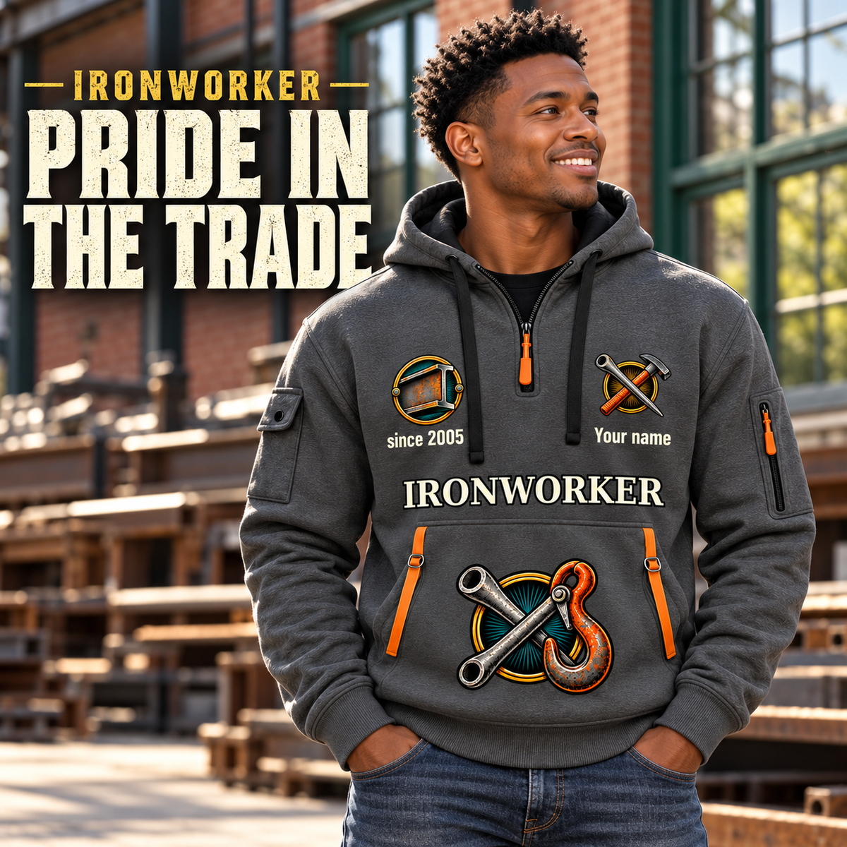 Ironworker Pride in the Trade Quarter-Zip Hoodie in Gray, worn by an adult male model, preserving the current niche artwork, sample name and year, and hooded quarter-zip garment details.