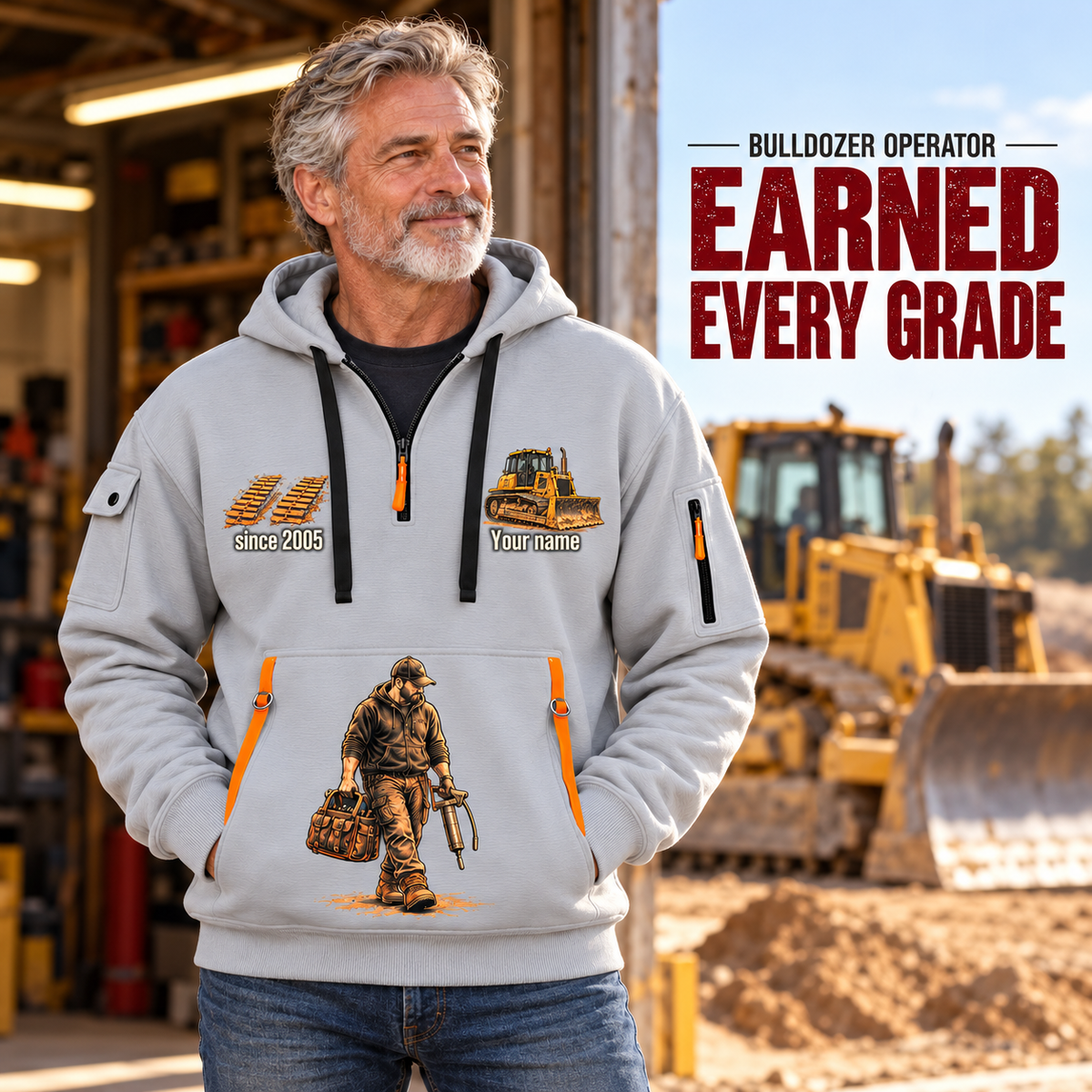 Bulldozer Operator Earned Every Grade Quarter-Zip Hoodie in Light Grey, worn by an adult male model, preserving the current niche artwork, sample name and year, and hooded quarter-zip garment details.