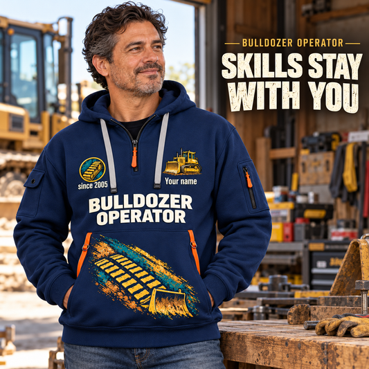 Bulldozer Operator Skills Stay With You Quarter-Zip Hoodie in Navy, worn by an adult male model, preserving the current niche artwork, sample name and year, and hooded quarter-zip garment details.