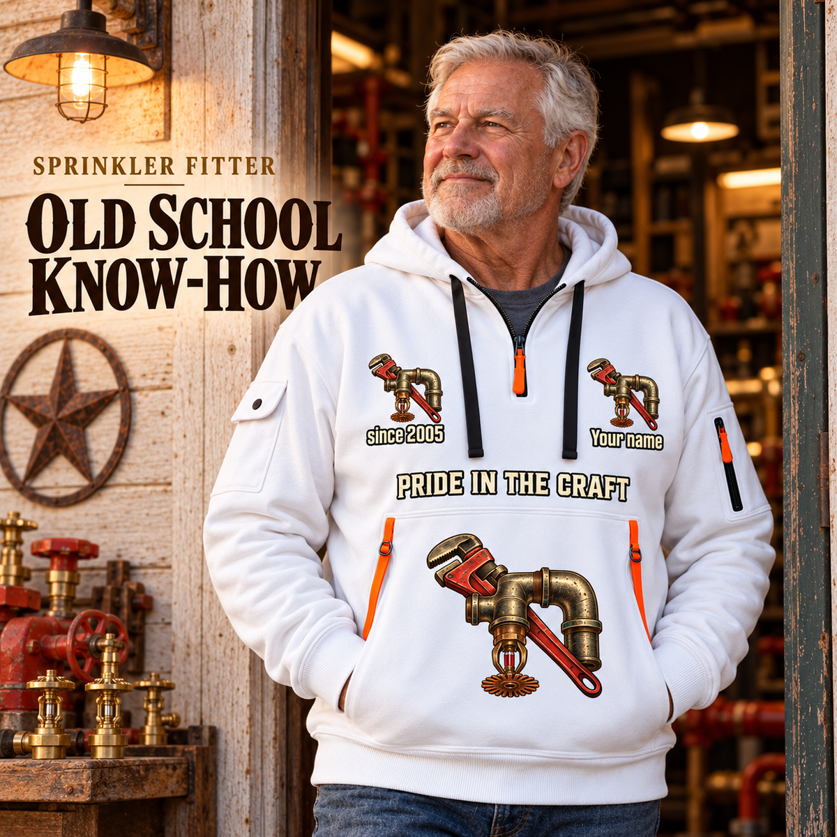 Sprinkler Fitter Old School Know-How Quarter-Zip Hoodie in White, worn by an adult male model, preserving the current niche artwork, sample name and year, and hooded quarter-zip garment details.