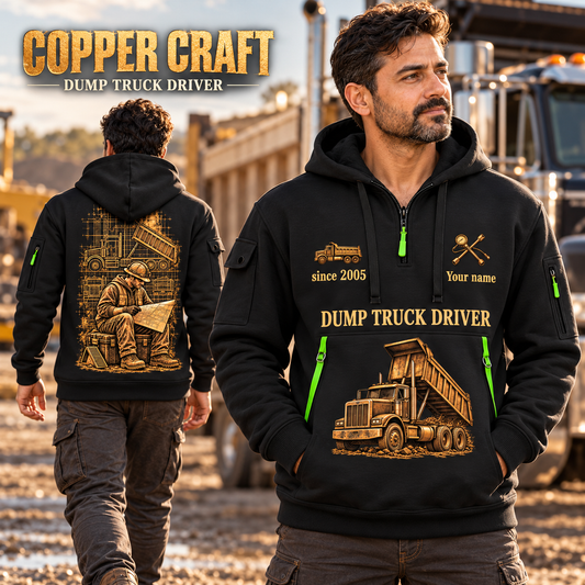 Dump Truck Driver Copper Craft Quarter-Zip Hoodie in Black, worn by an adult male model, preserving the current niche artwork, sample name and year, and hooded quarter-zip garment details.