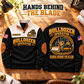 Bulldozer Operator Hands Behind the Blade Sports Sweatshirt in Black, source-faithful front and back garment artwork in a polished workbench pair composition, original sample name and year retained.