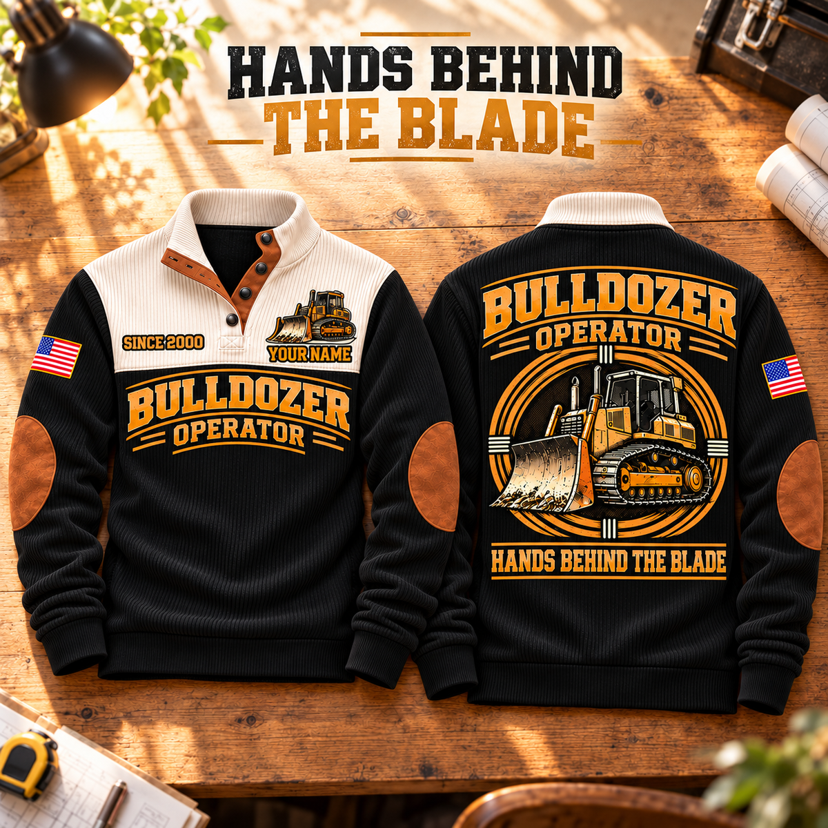 Bulldozer Operator Hands Behind the Blade Sports Sweatshirt in Black, source-faithful front and back garment artwork in a polished workbench pair composition, original sample name and year retained.