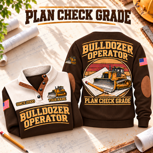 Bulldozer Operator Plan Check Grade Sports Sweatshirt in Brown, source-faithful front and back garment artwork in a polished plan flatlay back and folded front composition, original sample name and year retained.